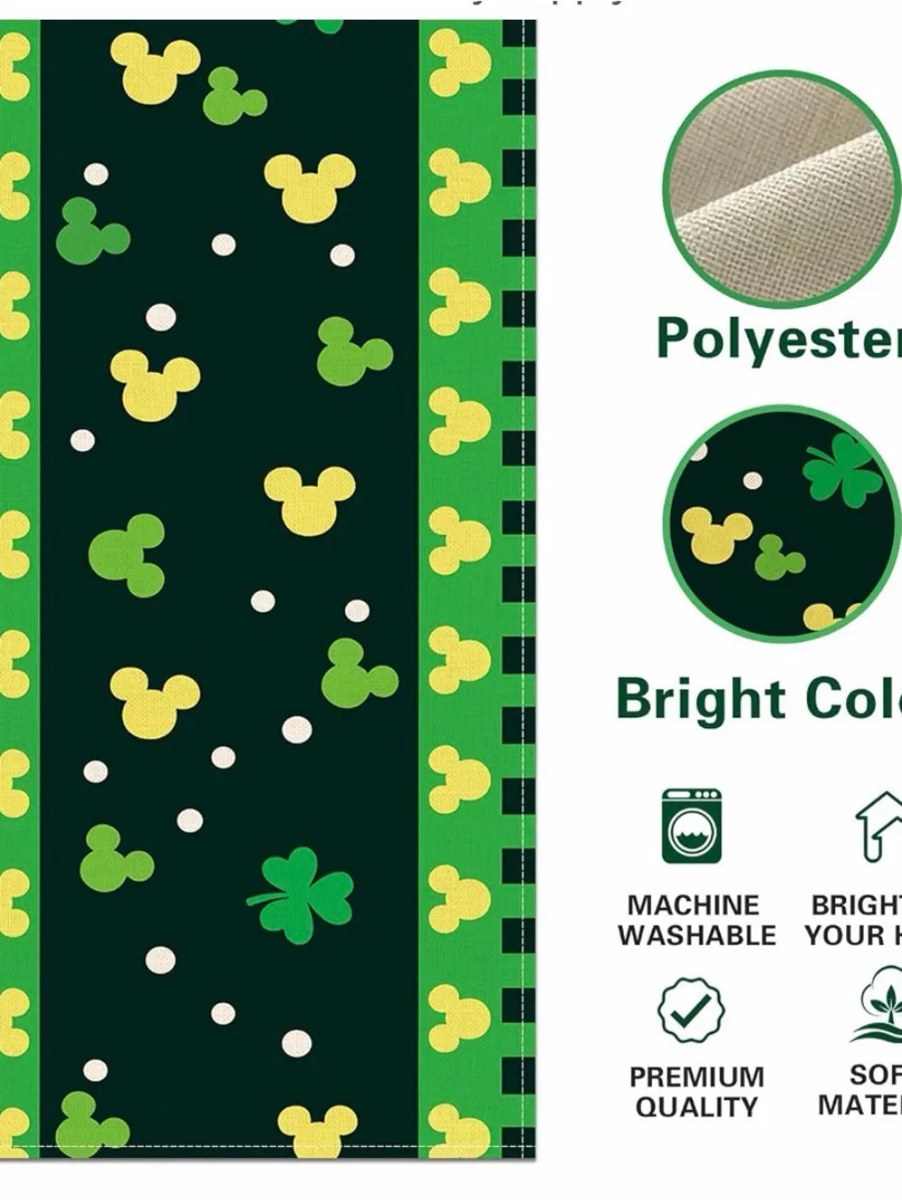 Disney Mickey Mouse St Patricks Day Table Runner Shamrock Clover Green 13x90⁠